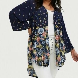 Torrid Floral Print Open Front Kimono Duster Cardigan Navy NWT